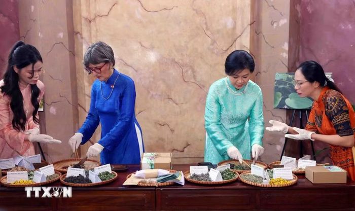 Bà Ngô Phương Ly, Phu nhân Tổng Bí thư, Chủ tịch nước Tô Lâm cùng bà Caroline Parmelin, Phu nhân Tổng thống Liên Bang Thụy Sĩ trải nghiệm làm gối chườm từ thảo dược. (Ảnh: Phạm Kiên/TTXVN)
