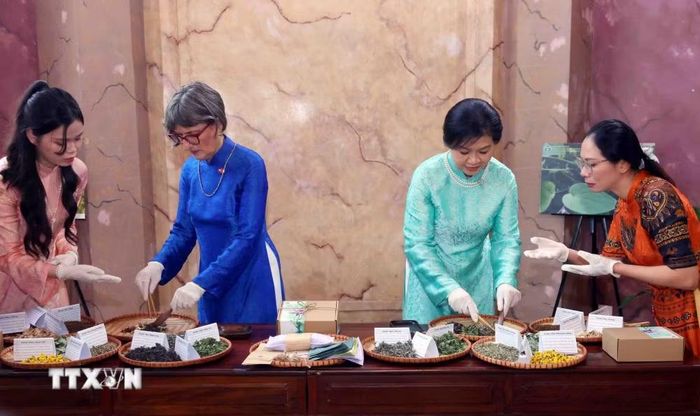 Bà Ngô Phương Ly, Phu nhân Tổng Bí thư, Chủ tịch nước Tô Lâm cùng bà Caroline Parmelin, Phu nhân Tổng thống Liên Bang Thụy Sĩ trải nghiệm làm gối chườm từ thảo dược. (Ảnh: Phạm Kiên/TTXVN)
