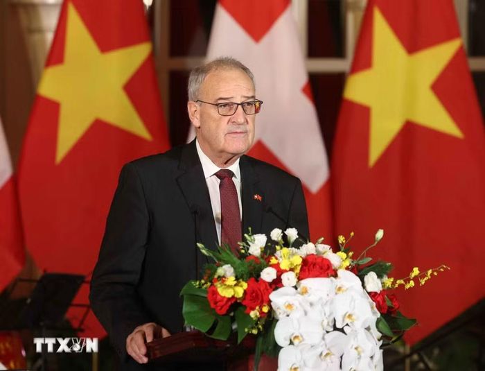 Tổng thống Liên bang Thụy Sĩ Guy Parmelin phát biểu. (Ảnh: Thống Nhất/TTXVN)