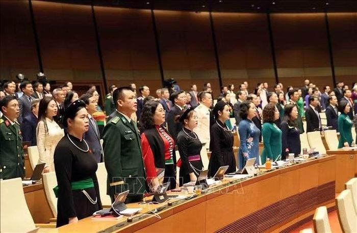 Các đại biểu thực hiện nghi lễ chào cờ. Ảnh: An Đăng/TTXVN