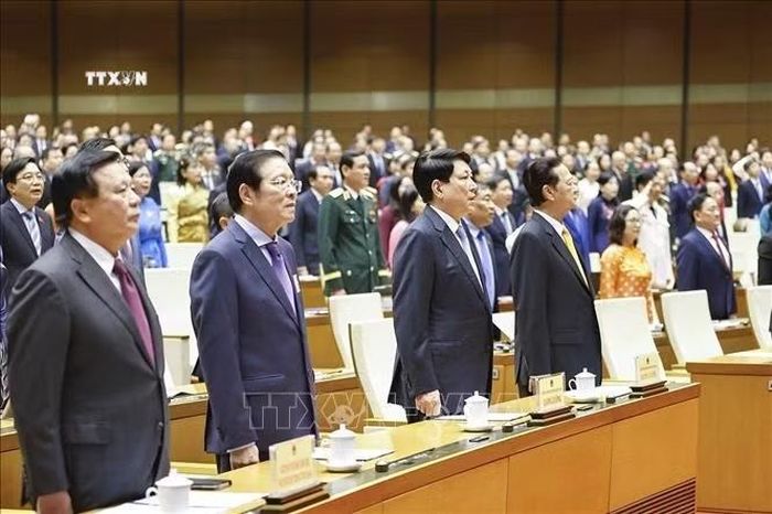 Các đồng chí nguyên lãnh đạo Đảng, Nhà nước và đại biểu thực hiện nghi thức chào cờ. Ảnh: Doãn Tấn/TTXVN