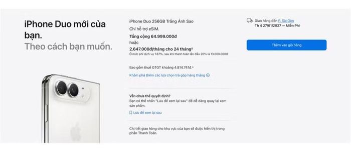 Khách đặt mua iPhone Duo trên Apple Store Việt Nam hiện phải chờ đến ngày 27/1/2027 mới được giao máy. Ảnh chụp màn hình.