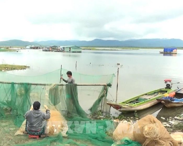 Mô hình nuôi cá lồng bè kết hợp quảng canh trên lòng hồ thủy lợi Ia Mơr, tỉnh Gia Lai. Ảnh: Hoài Nam - TTXVN