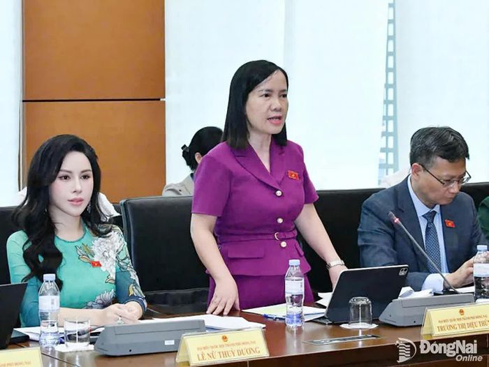 Đại biểu Trương Thị Diệu Thúy (Đoàn Đại biểu Quốc hội thành phố Đồng Nai) phát biểu tại phiên thảo luận tổ. Ảnh: CTV