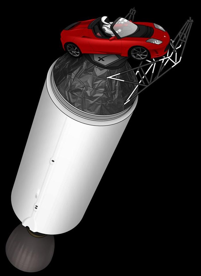 Hình minh họa chiếc Tesla Roadster được gắn vào tầng trên của tên lửa Falcon Heavy. Nguồn: NASA