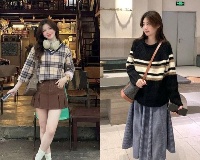 Áo len kẻ preppy kết hợp chân váy suông mang đến nét hiện đại, trong khi chân váy xếp ly gợi tinh thần nữ sinh cổ điển. Để tổng thể hài hòa, chị em nên ưu tiên thiết kế đơn sắc, chú trọng độ dài chân váy và lựa chọn giày phù hợp với môi trường công sở.