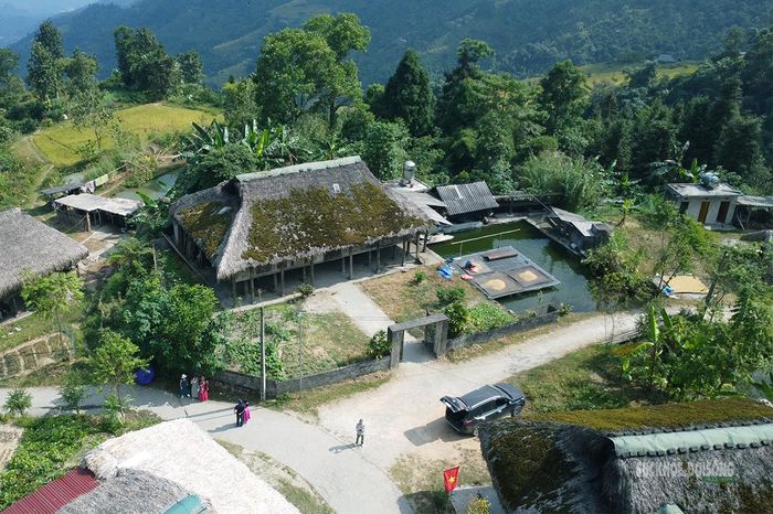 Ngôi nhà sàn mái rêu xanh nằm cạnh ao nước, tạo không gian xanh mát. Ảnh: Tuấn Anh