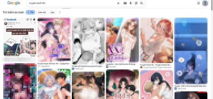 Chỉ với 1 từ khóa tìm kiếm "truyện tranh 18+" trên google nhanh chóng trả ra hàng nghìn kết quả. Ảnh chụp màn hình: HĐ.