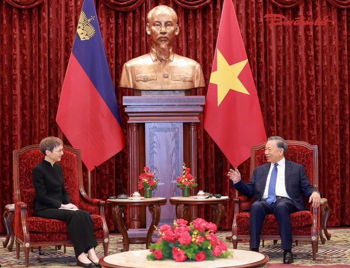 Tổng Bí thư, Chủ tịch nước Tô Lâm tiếp Thủ tướng Công quốc Liechtenstein Brigitte Haas. Ảnh: Quang Vinh