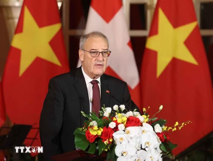 Tổng thống Liên bang Thụy Sĩ Guy Parmelin phát biểu. Ảnh: Thống Nhất/TTXVN.