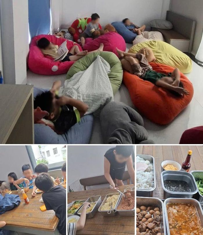 Học sinh homeschooling tại E. - Trung tâm bồi dưỡng và luyện thi Cambridge (đường Lê Quốc Trinh, phường Phú Thọ Hòa) ăn trưa, xế và ngủ trên ghế lười - Ảnh: Trung tâm cung cấp cho phụ huynh