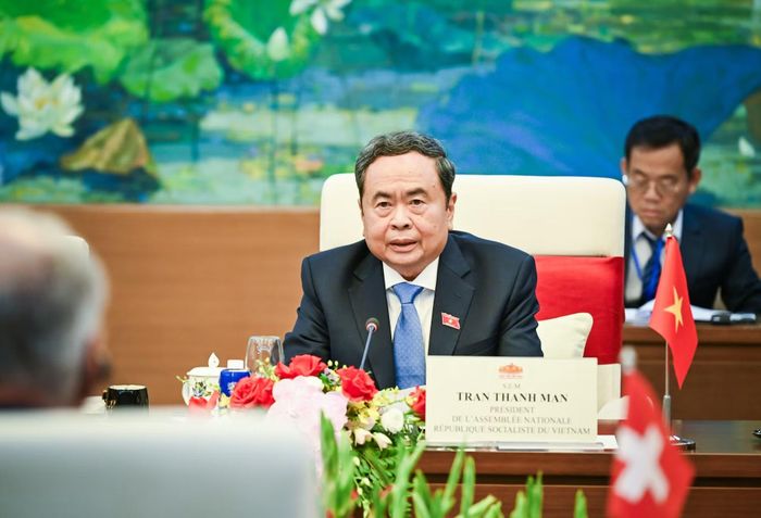 Chủ tịch Quốc hội Trần Thanh Mẫn phát biểu tại hội kiến. (Ảnh: DUY LINH)