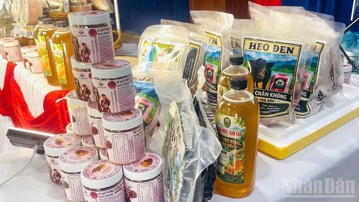 Những sản phẩm đặc trưng của xã miền núi Trà Đốc được giới thiệu và quảng bá tại chương trình tập huấn. (Ảnh: TRÀ ĐỐC)
