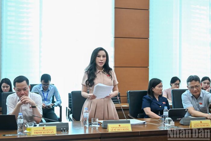 Đại biểu Quốc hội thành phố Đồng Nai Lê Nữ Thùy Dương phát biểu thảo luận tại Tổ 4 (gồm đoàn đại biểu Quốc hội thành phố Đồng Nai và tỉnh Quảng Trị, Điện Biên). (Ảnh: DUY LINH)