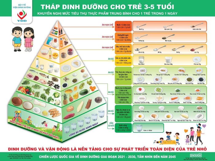  Tháp dinh dưỡng giúp cha mẹ lựa chọn thực phẩm và cân đối khẩu phần ăn hằng ngày cho trẻ. Ảnh: Viện Dinh dưỡng 