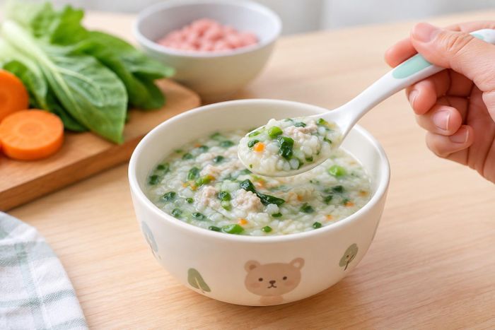  Bổ sung rau củ vào cháo ăn dặm để đa dạng khẩu phần của trẻ. Ảnh minh họa 