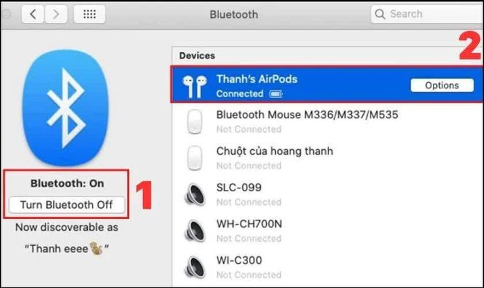 Bật Bluetooth bằng cách chuyển công tắc sang trạng thái ON.
