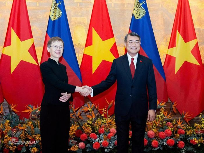 Thủ tướng Lê Minh Hưng và Thủ tướng Liechtenstein Brigitte Haas chụp ảnh chung trước khi tiến vào Hội đàm. (Ảnh: Thành Long)