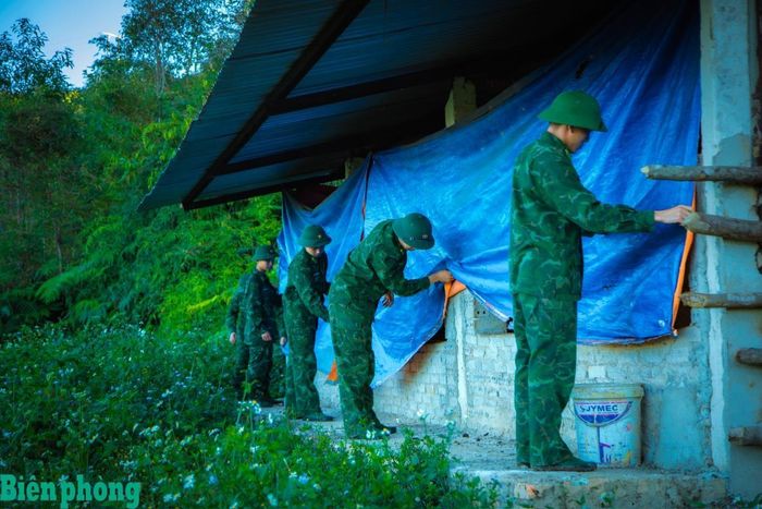 Cán bộ, chiến sĩ Đồn Biên phòng Mường Pồn gia cố chuồng trại, chủ động bảo vệ đàn vật nuôi trước diễn biến bất thường của thời tiết. Ảnh: Khúc Cường