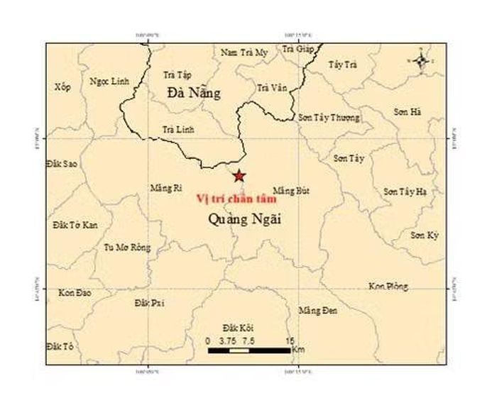 Bản đồ chấn tâm động đất 3,5 độ xảy ra tại khu vực xã Măng Bút sáng 18/10. (Ảnh: Viện Các Khoa học Trái đất)