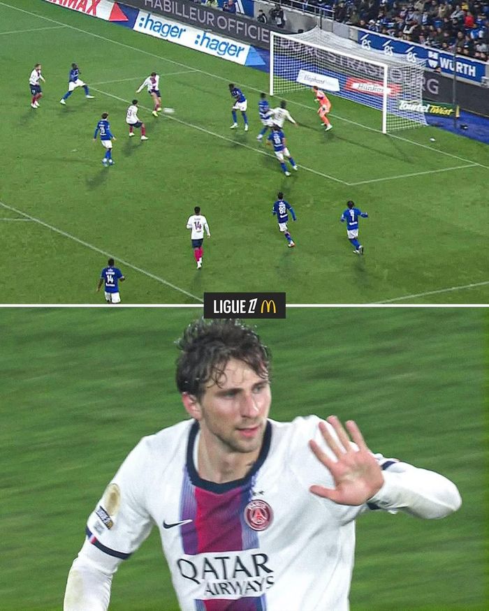 Yassine mở tỷ số cho Strasbourg, Zabarnyi (phải) gỡ hòa 1-1. Ảnh: Ligue 1