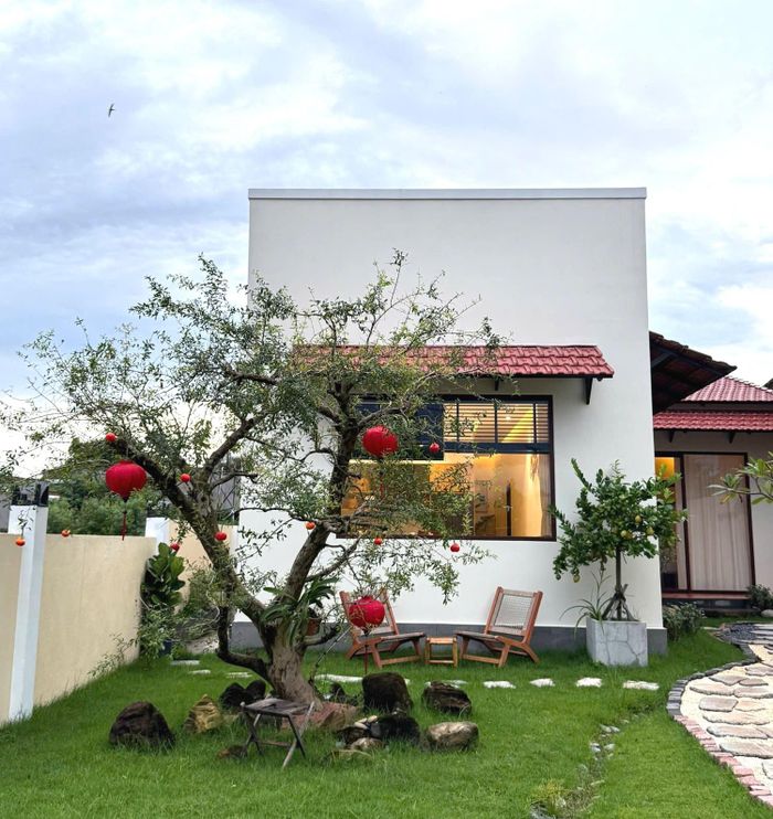 Khu vực sân vườn được phủ xanh bởi cỏ cây
