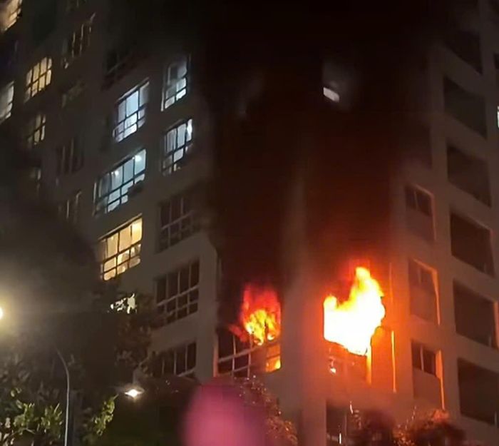 Lửa đỏ rực kèm khói bao trùm căn hộ chung cư.