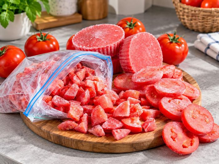 Bảo quản cà chua ở ngăn đá giúp giữ được từ 2 đến 6 tháng tùy cách sơ chế. Ảnh: AI