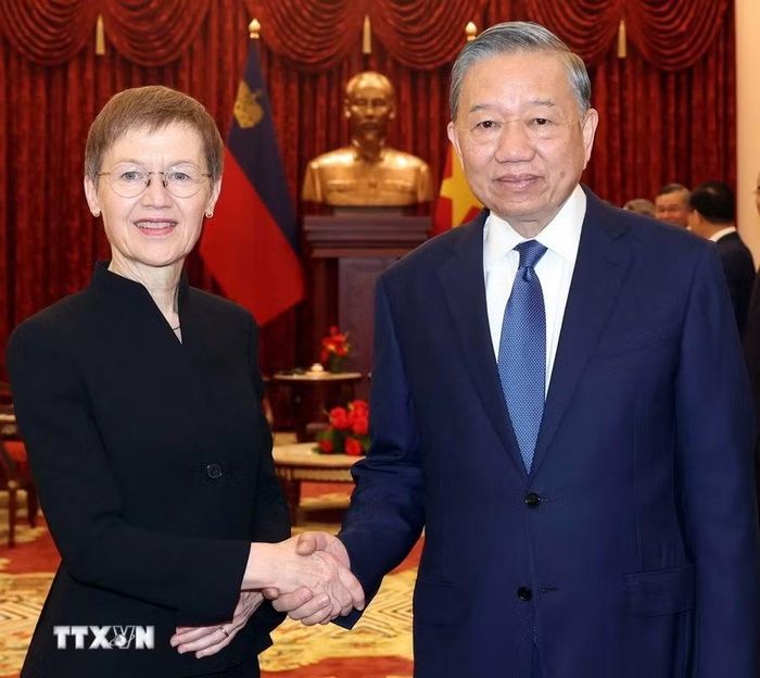 Tổng Bí thư, Chủ tịch nước Tô Lâm tiếp Thủ tướng Công quốc Liechtenstein Brigitte Haas. (Ảnh: Thống Nhất/TTXVN)