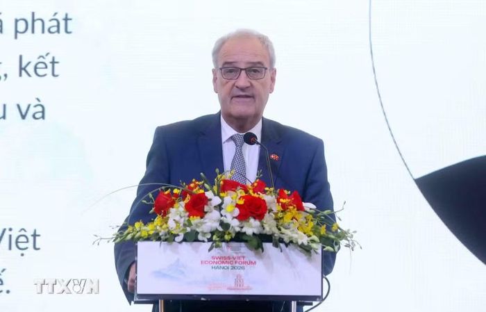 Tổng thống Liên bang Thụy Sĩ Guy Parmelin phát biểu. (Ảnh: Phạm Kiên/TTXVN)