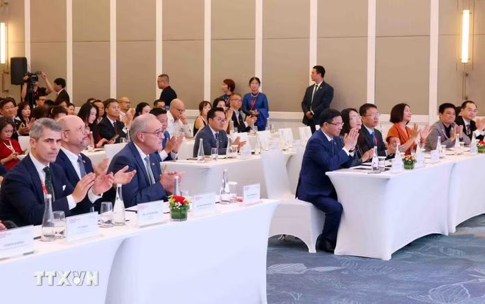 Tổng thống Liên bang Thụy Sĩ Guy Parmelin và các đại biểu tham dự Diễn đàn. (Ảnh: Phạm Kiên/TTXVN)