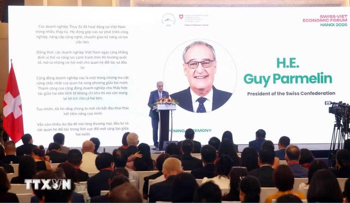 Tổng thống Liên bang Thụy Sĩ Guy Parmelin phát biểu. (Ảnh: Phạm Kiên/TTXVN)