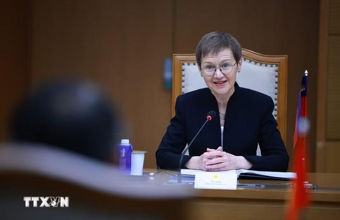 Thủ tướng Liechtenstein Brigitte Haas phát biểu tại cuộc hội đàm với Thủ tướng Lê Minh Hưng. (Ảnh: Dương Giang/TTXVN)