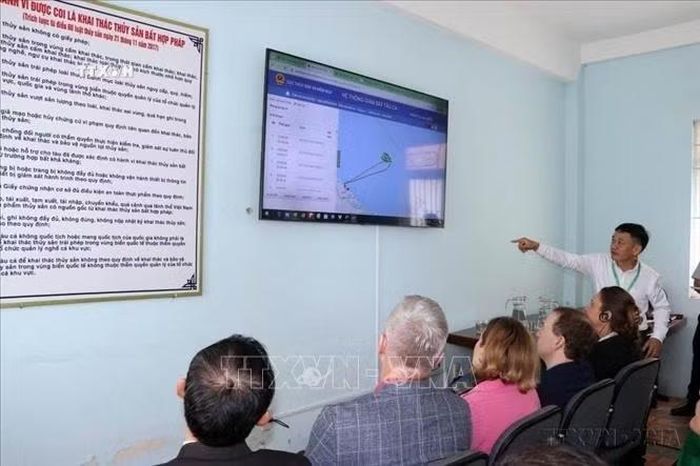 Đoàn Ủy ban Chính sách Đối ngoại của Quốc hội Đan Mạch thăm Cảng cá Thuận An ở thành phố Huế và làm việc tại Văn phòng Ban quản lý cảng cá để tìm hiểu về công tác chống khai thác hải sản bất hợp pháp, không báo cáo và không theo quy định (IUU). Ảnh: Đỗ Trưởng/TTXVN