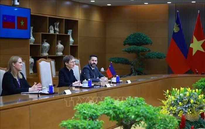 Thủ tướng Liechtenstein Brigitte Haas phát biểu tại cuộc hội đàm với Thủ tướng Lê Minh Hưng. Ảnh: Dương Giang/TTXVN