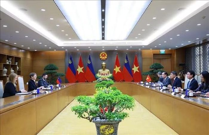 Thủ tướng Lê Minh Hưng hội đàm với Thủ tướng Công quốc Liechtenstein Brigitte Haas. Ảnh: Dương Giang/TTXVN