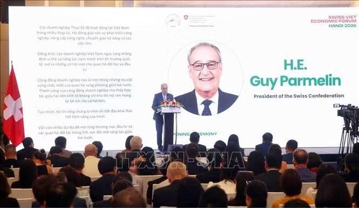 Tổng thống Liên bang Thụy Sĩ Guy Parmelin phát biểu. Ảnh: Phạm Kiên/TTXVN