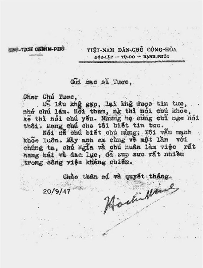 Thư Bác Hồ gửi bác sĩ Trần Hữu Tước ngày 20/9/1947. Ảnh: Tư liệu