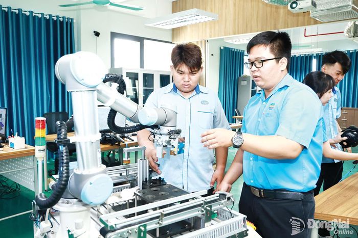 Giảng viên Trường cao đẳng Công nghệ quốc tế Lilama 2 hướng dẫn sinh viên thực hành robot tự động hóa.