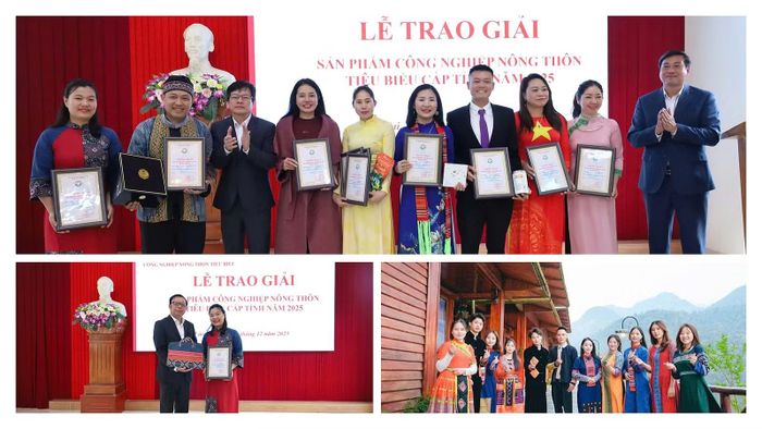 Chị Trần Thị Hiền - Giám đốc Công ty TNHH Sản xuất và Thương mại Dịch vụ thổ cẩm Việt Nam tại lễ trao giải sản phẩm công nghiệp nông thôn tiêu biểu cấp tỉnh năm 2025.