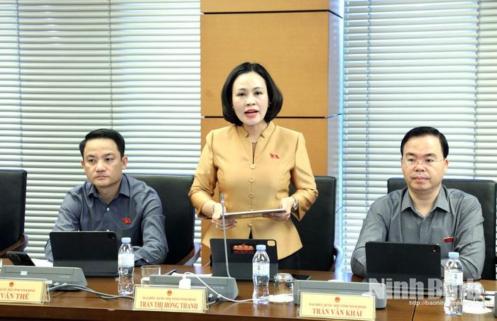Đại biểu Trần Thị Hồng Thanh, Tỉnh ủy viên, Phó Trưởng Đoàn ĐBQH chuyên trách tỉnh Ninh Bình thảo luận.