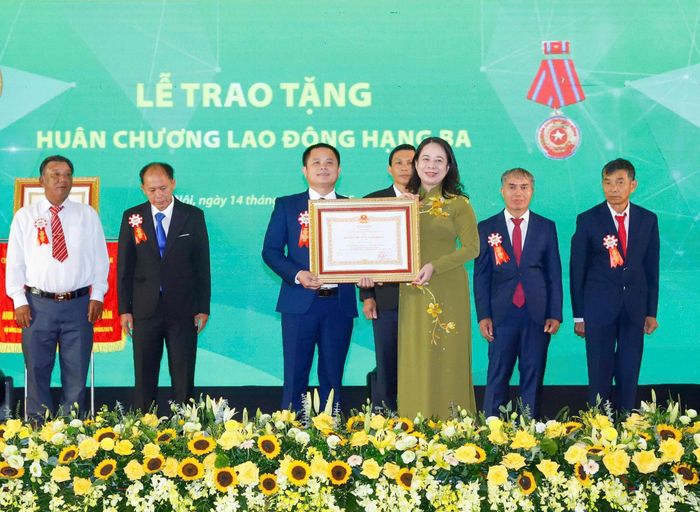 Đồng chí Phó Chủ tịch nước Võ Thị Ánh Xuân trao tặng Huân chương Lao động hạng Ba cho anh Đinh Văn Thuận.