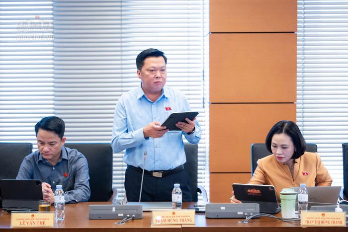 Đại biểu Phạm Hùng Thắng, Tỉnh ủy viên, Phó Trưởng Đoàn ĐBQH chuyên trách tỉnh phát biểu tham luận.