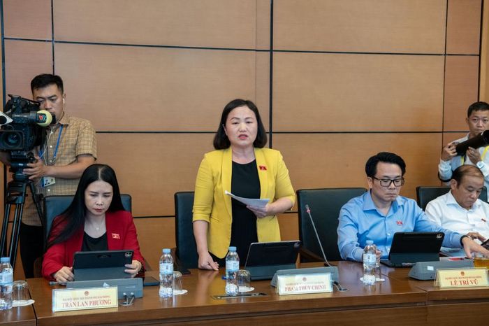 Đại biểu Phạm Thúy Chinh, đoàn ĐBQH thành phố Hải Phòng đề nghị Chính phủ cung cấp thêm thông tin về nguyên tắc phân nhóm địa phương, căn cứ và phương pháp xác định tỷ lệ phân chia các khoản thu, giúp đại biểu Quốc hội có đầy đủ cơ sở xem xét, quyết định. (Ảnh: Lâm Hiển)