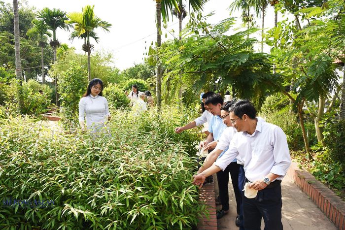 Người dân và du khách xin hái lá, cành thuốc tại vườn thuốc đền Bia. Sau đó các đại biểu, người dân và du khách đưa thuốc đã hái vào trong túi vải (do Ban tổ chức tặng) rồi đưa vào trong đền Bia dâng lên đức Thánh và xin thuốc mang về. Ảnh: Phùng Nguyện.