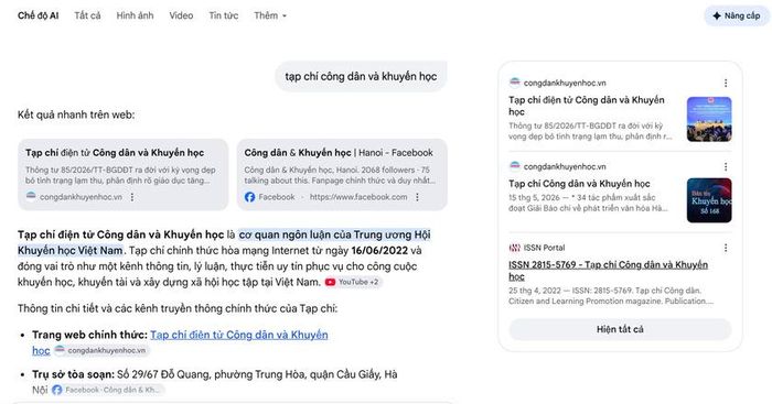 Ảnh chụp màn hình cách Google hiển thị tìm kiếm truyền thống và tìm kiếm bằng Chế độ AI với truy vấn "Tạp chí công dân và khuyến học" ngày 16/10/2026.