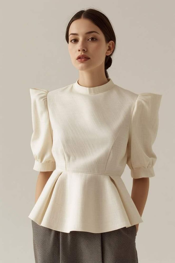 Áo peplum màu trung tính kết hợp cùng quần âu cạp cao tạo nên diện mạo nữ tính, hiện đại. Phần vạt xòe nhẹ giúp bộ trang phục có đường nét mềm mại mà không cần thêm nhiều chi tiết cầu kỳ.
