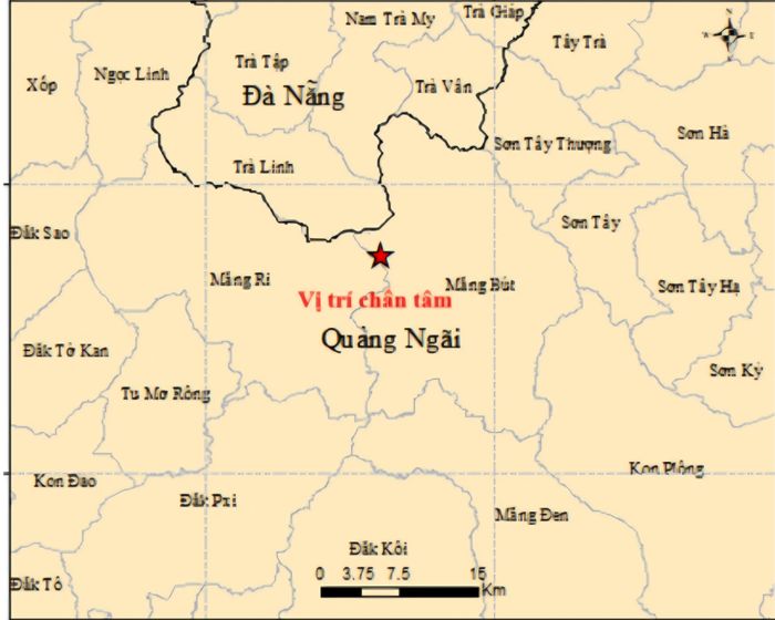 Bản đồ chấn tâm của trận động đất có độ lớn M = 3.5. (Ảnh: Viện Các Khoa học Trái đất)