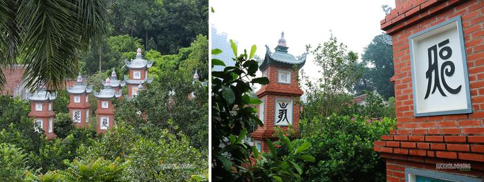 Những trụ gạch trang trí chữ Hán và mái đao góp phần tạo nét cổ kính cho khuôn viên chùa. Ảnh: Tuấn Anh