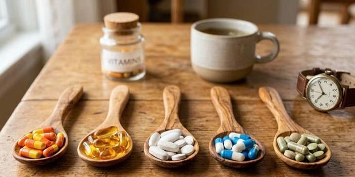 Có thể uống vitamin tổng hợp vào buổi sáng hoặc buổi tối tùy lịch trình và phản ứng của cơ thể. Ảnh minh họa AI
